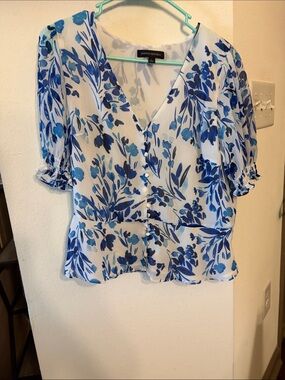 Banana Republic White Blouse with Blue Floral Print